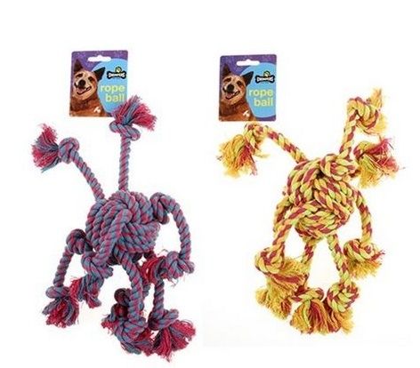 Dog rope ball 10cm with 8 rope tugs 35cm