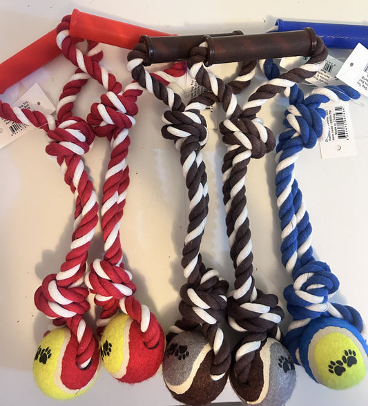 Double tug rope 15mm thick with tennis ball & handle 35cm